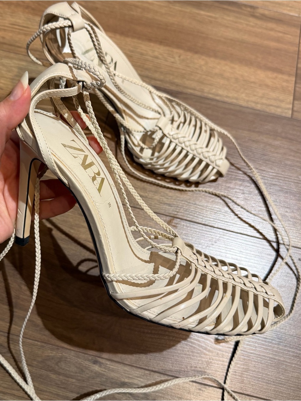 Zara Cream Braided Lace-Up Heel Sandals